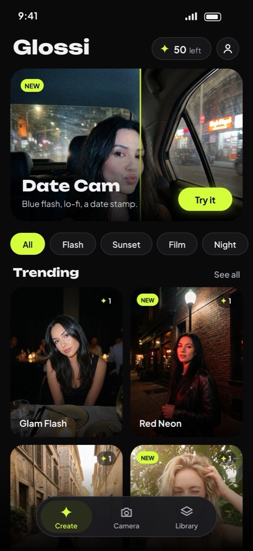 The Create tab: featured looks and categories